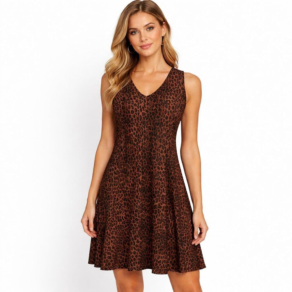 Anne Klein Brown Leopard-Print Sleeveless V-Neck Mini Dress